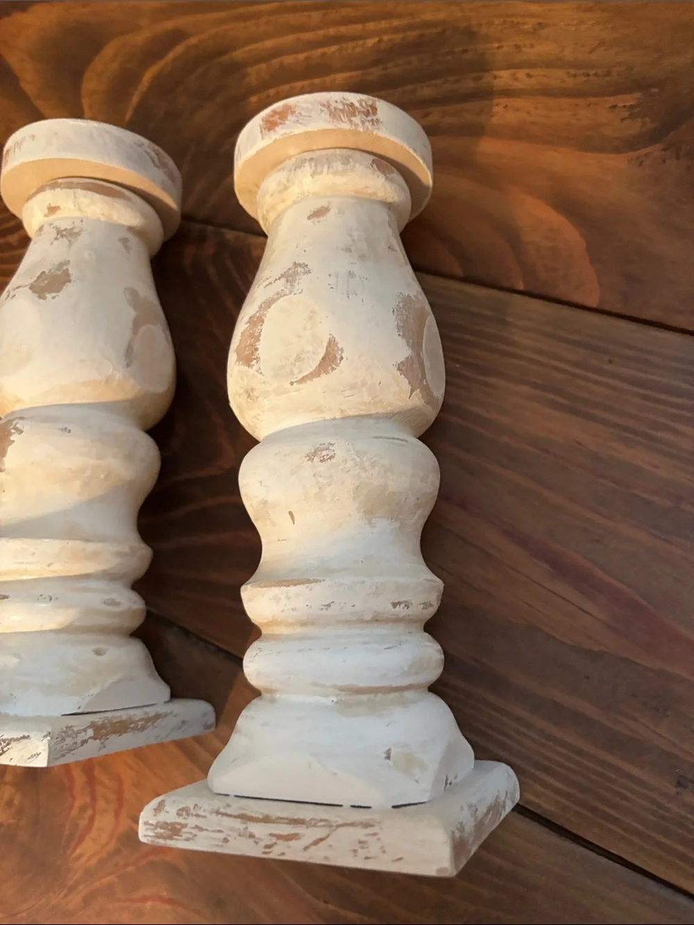 Rustic Distressed White Wood Candlestick Pair - Home Accents